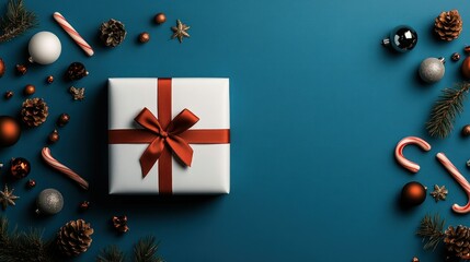 Christmas Gift with Red Ribbon and Ornaments on Blue Background