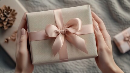 Elegant Hands Holding a Gift Box Wrapped with Pink Ribbon