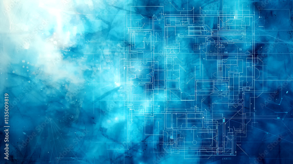 Poster blueprint design illuminated by vibrant azure hues and intricate patterns