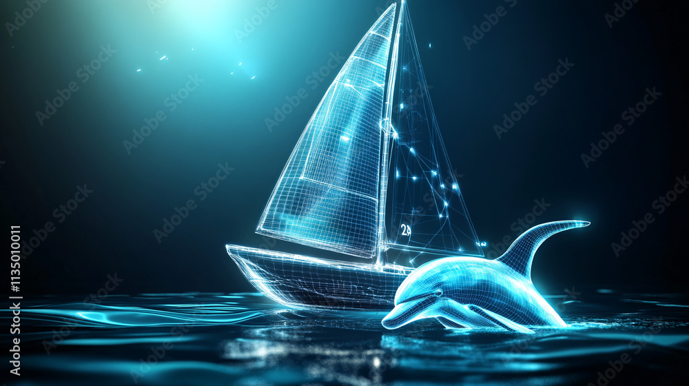 Poster a futuristic sailing race icon linked to a glowing dolphin, symbolizing online platforms studying na