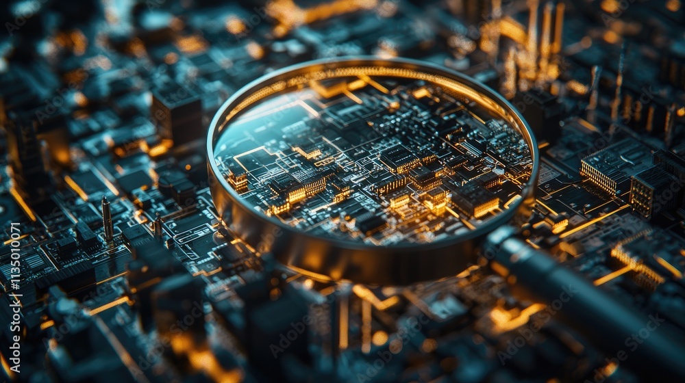 Aufkleber This visual shows a magnifying glass focusing on various components of a network, emphasizing the investigative process of identifying problems in connectivity. The setti