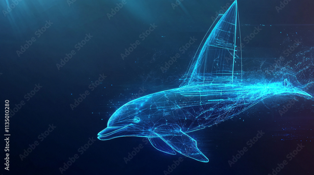 Poster a futuristic sailing race icon linked to a glowing dolphin, symbolizing online platforms studying na