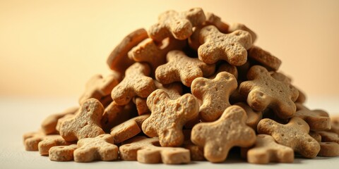 Fototapeta premium A close-up of a pile of crunchy dog treats, showcasing their appealing texture and the irresistible aroma that beckons pets to indulge.