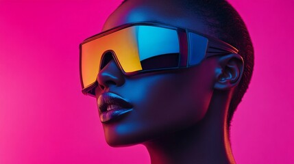 Futuristic portrait of a woman in glowing neon pink and yellow glasses