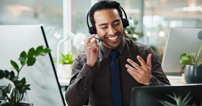 Asian man, call center or smile in office for contact us at law firm with headphones, mic or justice advice. Legal consultant, explain or customer support with dispute resolution service at help desk