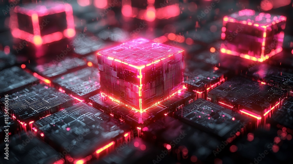Poster futuristic geometric grid of interconnected neon cubes in 3d digital abstract background