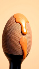 Fototapeta premium Closeup photography of beauty blender with dripping bronzer on it.Neutral beige background,large banner with copy space, 8k, with white tones