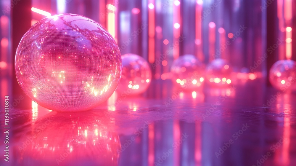 Poster futuristic abstract background with glowing 3d geometric forms and wireframe spheres