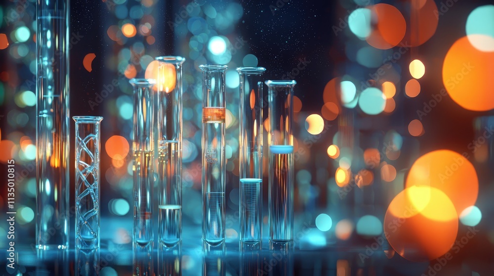 Poster the image conveys a scientific atmosphere, showcasing test tubes filled with solutions against a dra