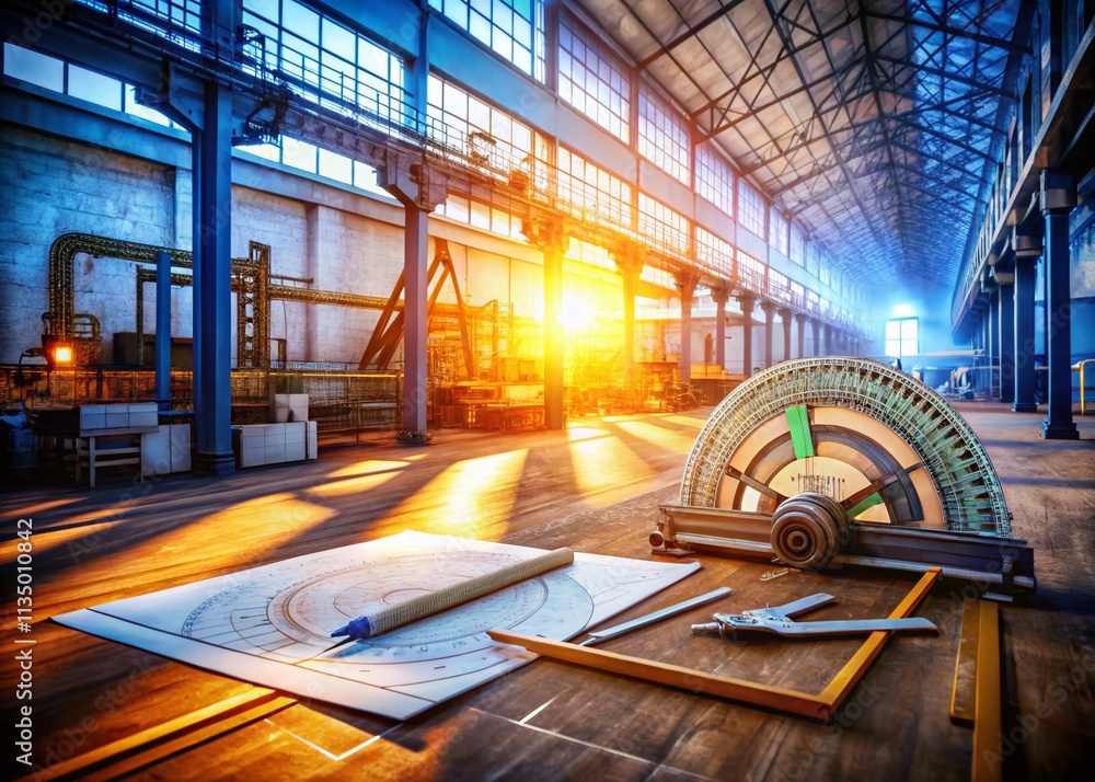 Poster industrial landscape with protractor and ruler on technical plan, capturing precision in engineering
