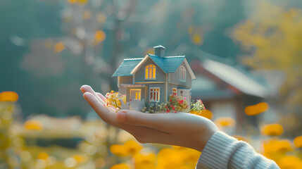 Dream Home in Hand: A hand gently cradles a miniature house, symbolizing hope and dreams of homeownership. The backdrop of a blooming garden and a soft.