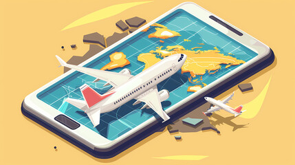 Global Travel App:  A vibrant isometric illustration of a smartphone displaying a world map with airplanes taking flight, symbolizing seamless global travel planning and booking.
