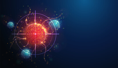 Abstract vertical illustration of targeting cancer cell made of glowing neon particles. Blue geometric background depicting cancer cell screening and disease treatment medical concept. Digital art