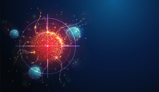 Abstract vertical illustration of targeting cancer cell made of glowing neon particles. Blue geometric background depicting cancer cell screening and disease treatment medical concept. Digital art