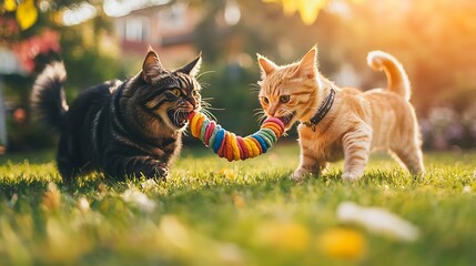 Two cats playfully tugging on a colorful toy in a sunlit garden.