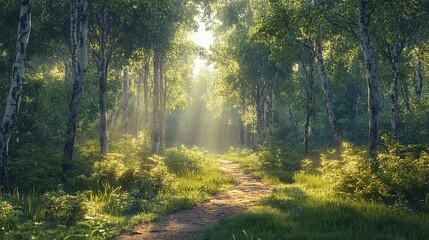 Naklejka premium The sun is shining through the trees, casting a warm glow on the forest floor