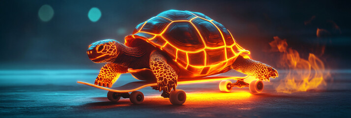 A futuristic skateboarding icon linked to a glowing tortoise, symbolizing online platforms for slow-motion sports analysis.  