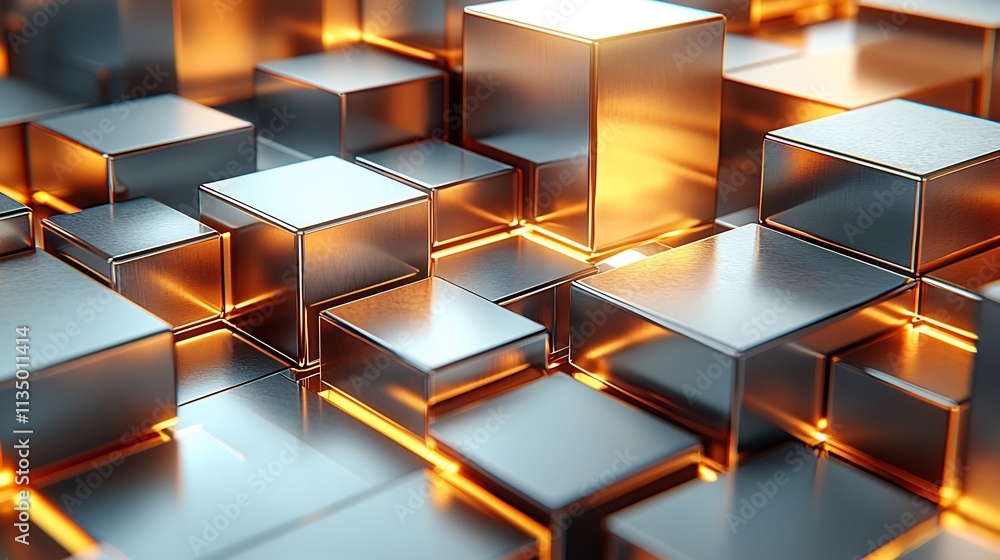 Poster interlocking 3d cubes and cylinders in metallic shades depicting modern architecture and geometric d