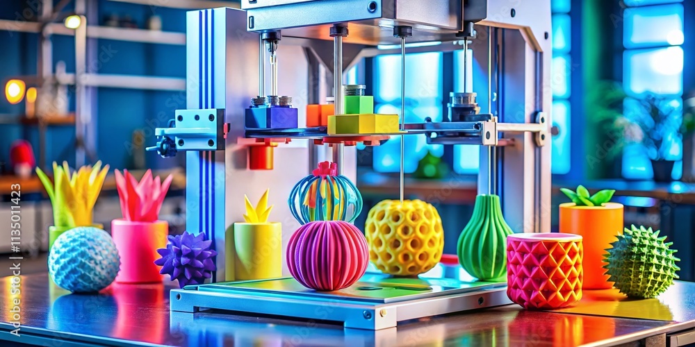 Poster innovative 3d printer concept: machine creating polymer volume objects and abstract plastic symbols 