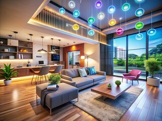 Naklejka premium Innovative AI Technology Enhancing Daily Life: A Modern Scene of Smart Devices Assisting with Everyday Tasks, Showcasing Connectivity and Human-AI Interaction in a Comfortable Home Environment