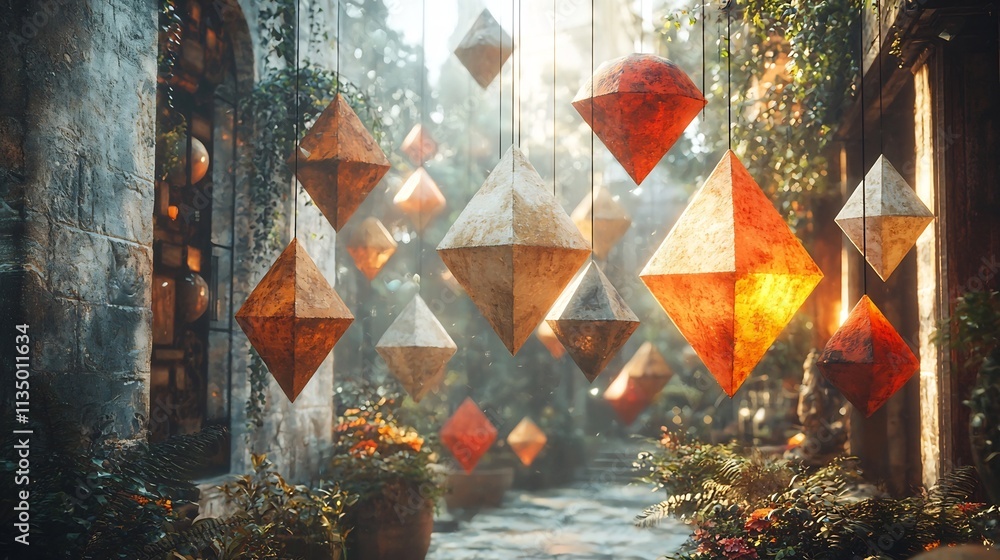 Poster captivating geometric abstraction floating spheres and triangles in harmonious rotation
