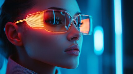 Stylish woman in futuristic sunglasses with vibrant neon accents
