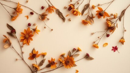 Dried flowers and leaves create a vibrant border around a blank space, perfect for your own creative design.