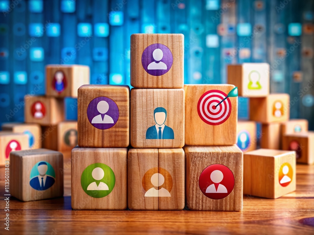 Poster innovative data exchange and crm concepts illustrated with wooden blocks featuring target icons in a