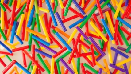 A vibrant and colorful display of plastic sticks scattered randomly on a surface, creating an abstract and playful pattern.