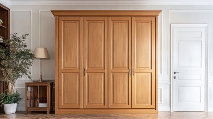Large wooden wardrobe in a bright room.