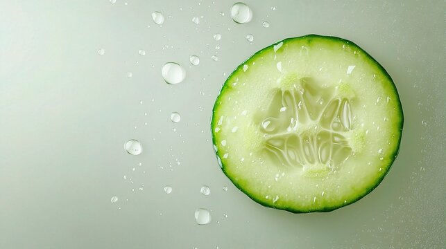 Cucumber Slice with Water Droplets: A close-up shot of a refreshing cucumber slice glistening with water droplets, showcasing its crisp texture and vibrant green hue, symbolizing health, hydration.