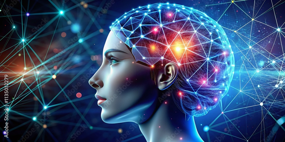 Poster innovative female ai robot head logo featuring brain, connected dots, and lines to illustrate artifi