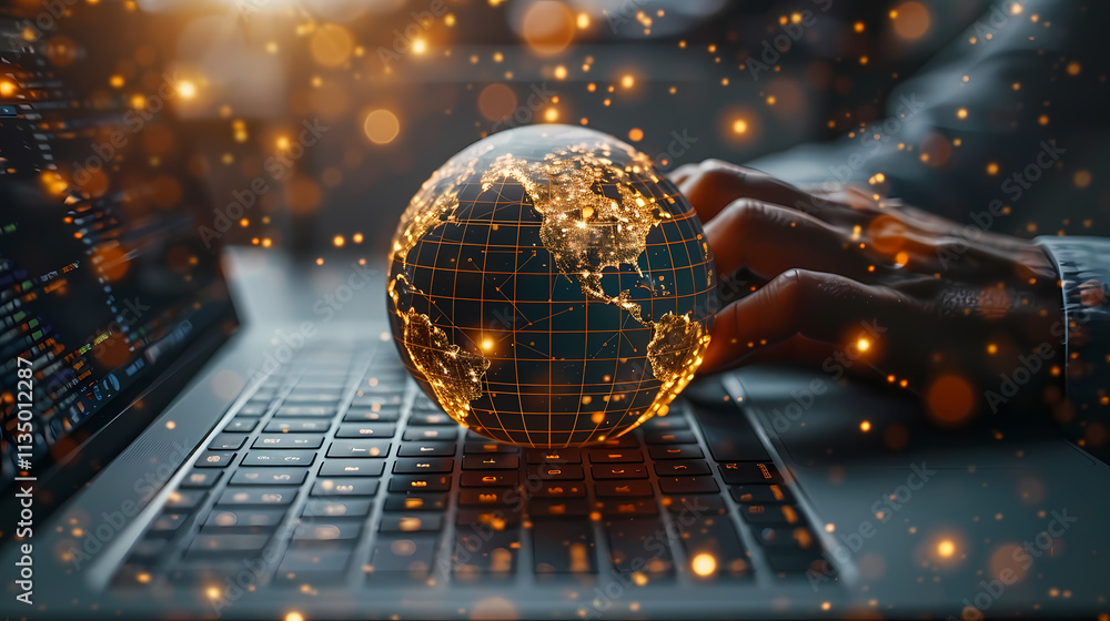 Poster global connectivity: a hand interacts with a glowing globe, signifying the interconnectedness of our