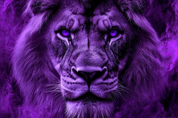 An amazing lion's face with a wild mane, looking intently into the camera. purple tint. unusual background. 
