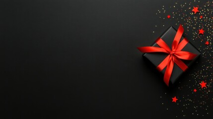 Red Ribbon and Star Confetti on Black for Festive Occasions
