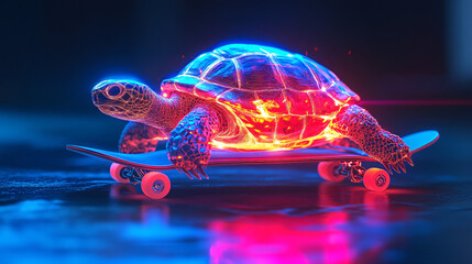 A futuristic skateboarding icon linked to a glowing tortoise, symbolizing online platforms for slow-motion sports analysis.  