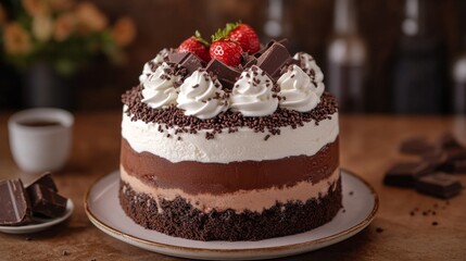 Chocolate cake with fresh strawberries on a white plate