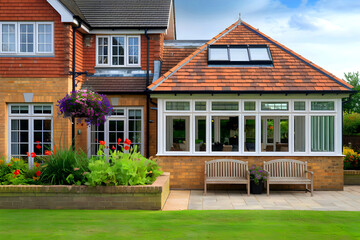 A contemporary sunroom with an exterior extension into the garden and a block-paved patio surrounding it