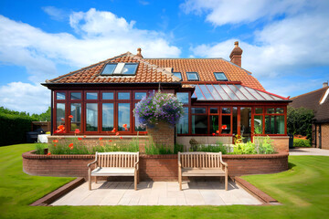 A contemporary sunroom with an exterior extension into the garden and a block-paved patio surrounding it