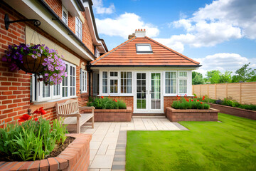 A contemporary sunroom with an exterior extension into the garden and a block-paved patio surrounding it