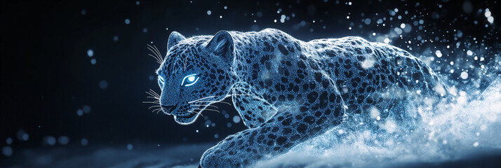 A futuristic skiing icon featuring a glowing snow leopard, symbolizing online sports platforms focused on winter wildlife agility.  