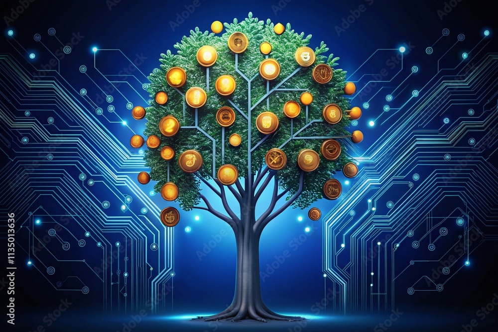 Poster integrated circuit tree bearing bitcoin coins as fruits on dark blue background representing cryptoc