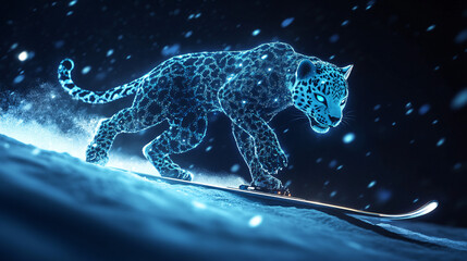 A futuristic skiing icon featuring a glowing snow leopard, symbolizing online sports platforms focused on winter wildlife agility.  