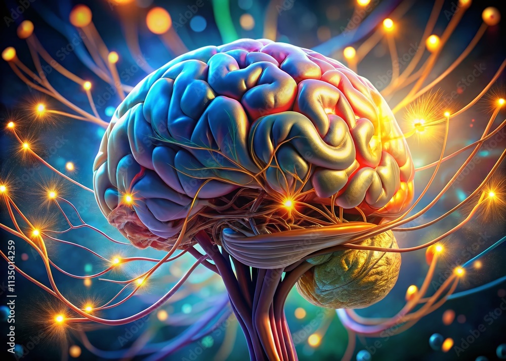 Poster intricate anatomical cross-section of the human brain with bokeh effect, showcasing neurons and brai