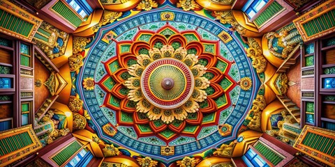 Fototapeta premium Intricate Architectural Patterns in a Spinning Mandala Fractal Design: A Kaleidoscopic Journey Through Geometry and Colorful Symmetry