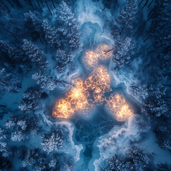 Winter Landscape with Glowing Lights and Water