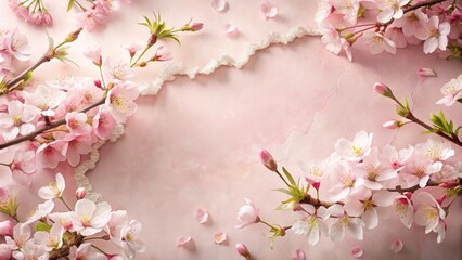 Delicate pink cherry blossoms arranged in a frame on a soft pink background with scattered petals