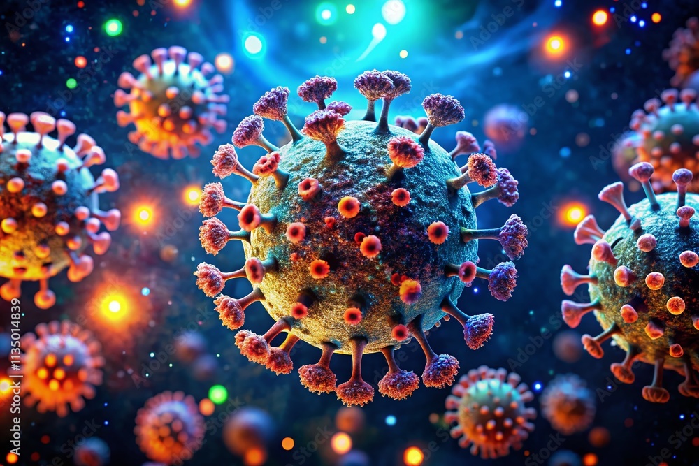 Poster intricate close-up of covid-19 virus with digital scientific data and illuminated elements capturing