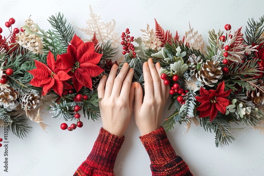 Poster an image of a lady creating a christmas wreath over a stark white setting and embellishing it via mu
