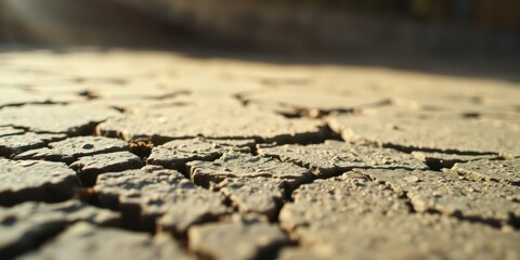 Close-up of cracked earth in a dry and barren landscape, revealing the harsh realities of drought and the delicate balance of nature